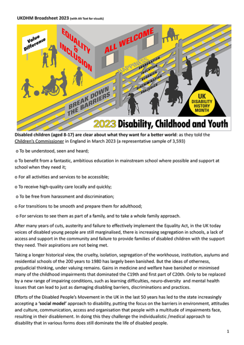 Front cover of 2023 Broadsheet showing the UKDHM logo, and the title Disability, Childhood and Youth