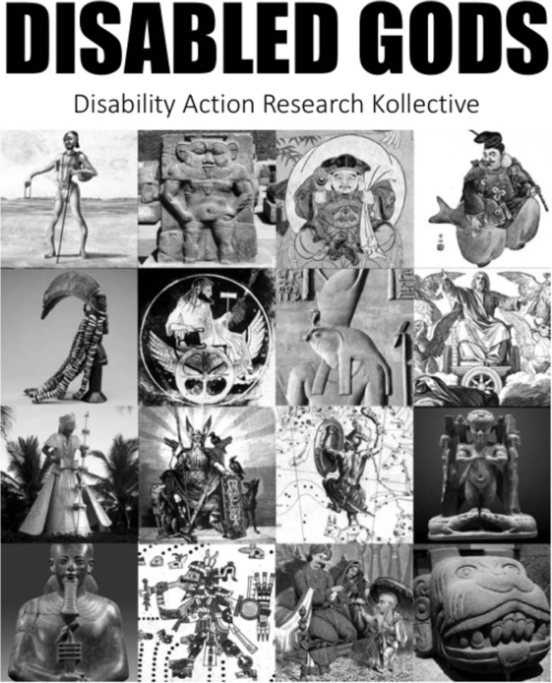 Cover of the zine titled 'Disabled Gods' by Disability Action Research Kollective, showing the title in bold black text on a white background. Below is a grid showing 16 different representations of gods from different cultures and eras.