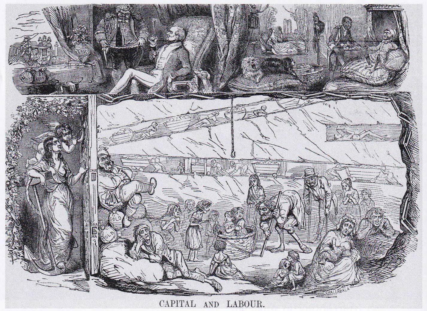 A satirical two-part political cartoon titled 'Capital and Labour', contrasting the lavish, idle lifestyle of the wealthy capitalist elite above with the dark, grueling, and impoverished conditions of child and adult laborers working in coal mines below.