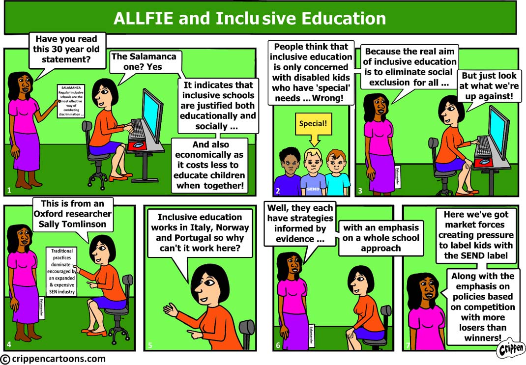 A seven-panel cartoon featuring two women discussing the Salamanca statement and the benefits of inclusive education versus market-driven pressures and labeling in schools. The comic uses speech bubbles to convey arguments about the educational, social, and economic advantages of inclusion, referencing research and examples from other countries.