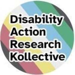 Disability Action Research Kollective logo, showing the name in black text on a background of diagonal stripes in grey, red, yellow, white, light blue and green