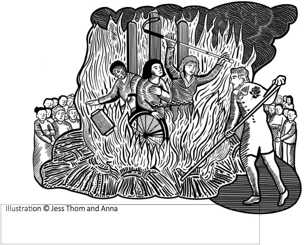 A black and white linocut style illustration depicts four figures standing amidst fierce flames, flanked by crowds of onlookers on either side. In the center, three individuals are partially engulfed by fire, with one seated in a wheelchair and another a white cane. A person on the right uses a long pole to tend the blaze.